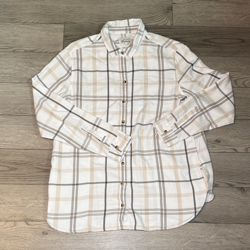 Jachs Men's Cream and Gray Plaid Button Up Shirt Large  SOFT